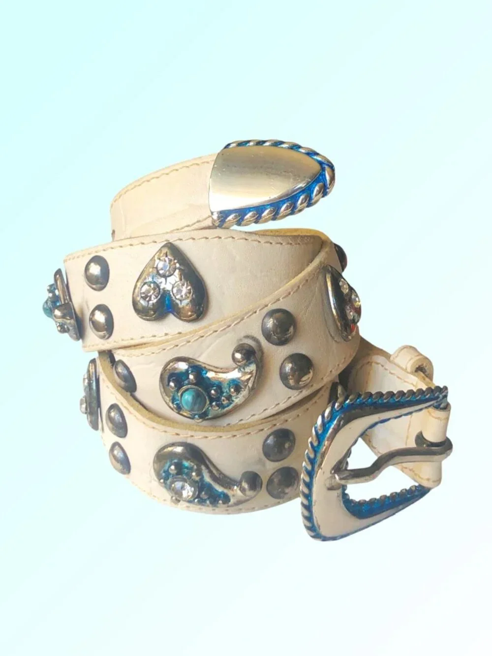 Studded Leather Belt Turquoise Paisley Rhinestone Hearts Embellish Western Chic